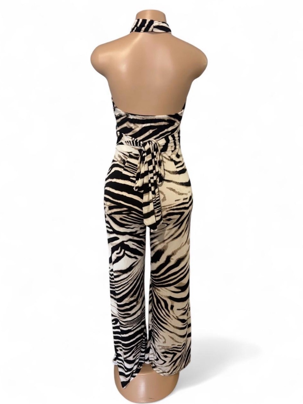 Fashion Nova Zebra Halter Cutout Jumpsuit in Black & Cream - Picture 4 of 6